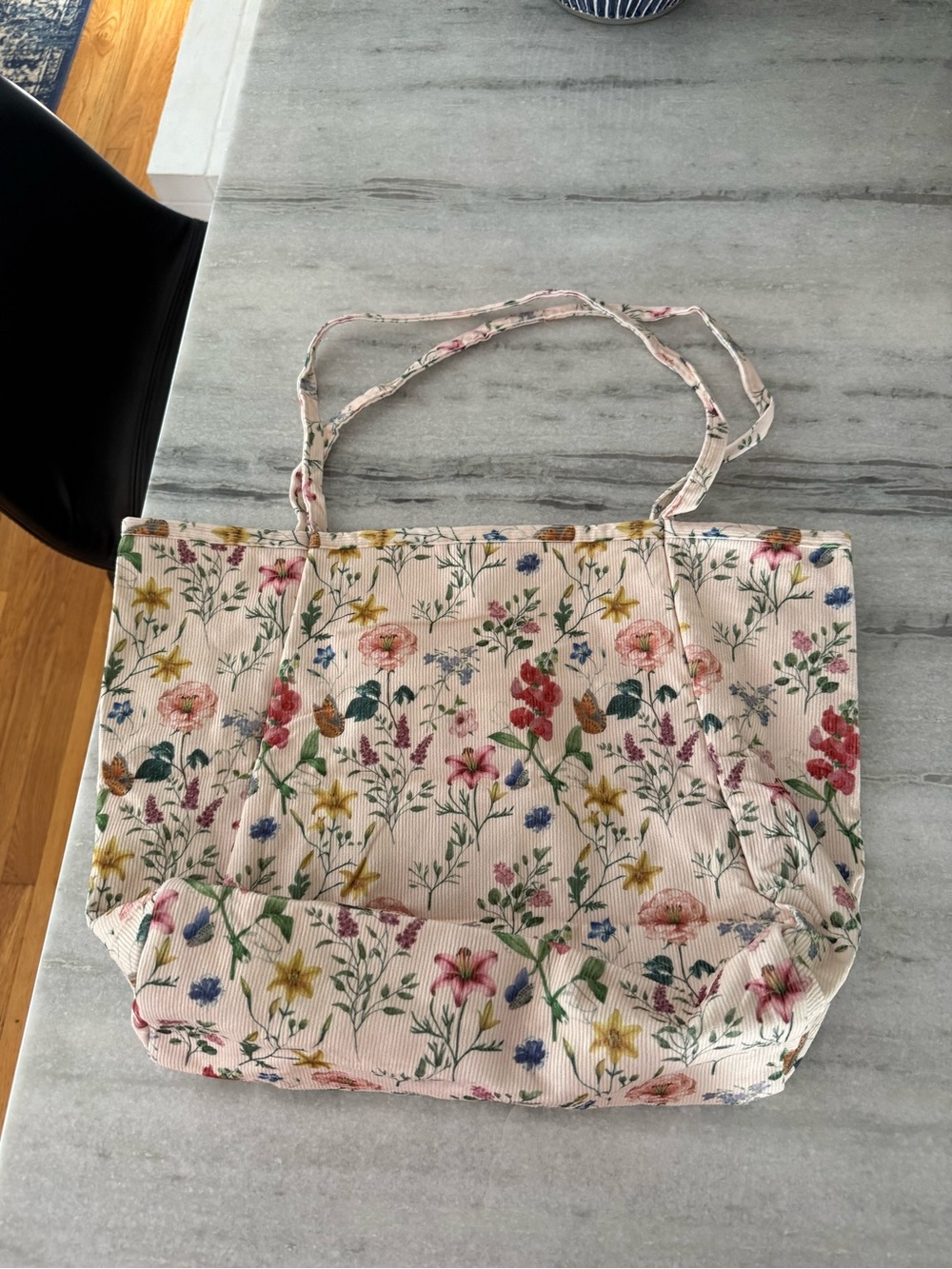 Floral Corduroy Tote Bag - Cream with Pink & Multicolor Blooms- NEW